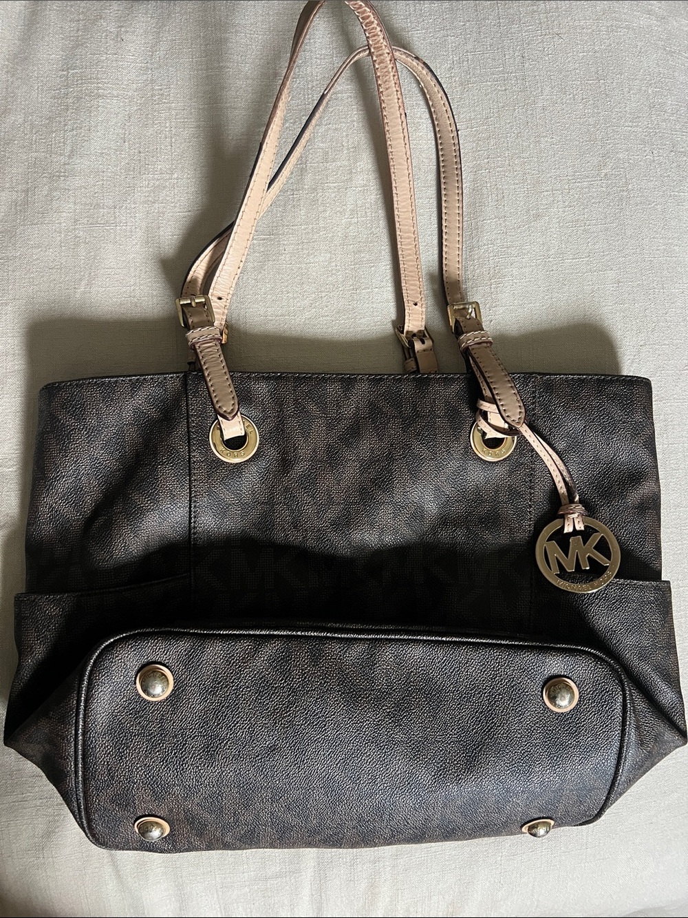 Michael Kors Brown Logo Tote with Light Beige Straps